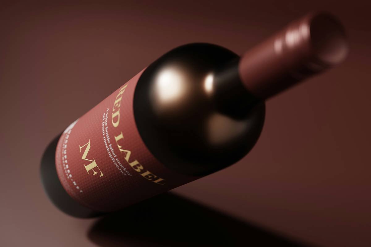 Close-up of post-consumer recycled wines bottle showing label and textured glass